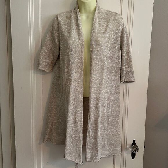 Eileen Fisher oatmeal color open front short sleeve long linen/cotton sweater - Picture 1 of 9